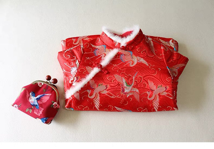 PADDED CHEONGSAM TUNIC WITH FAUX FUR COLLAR