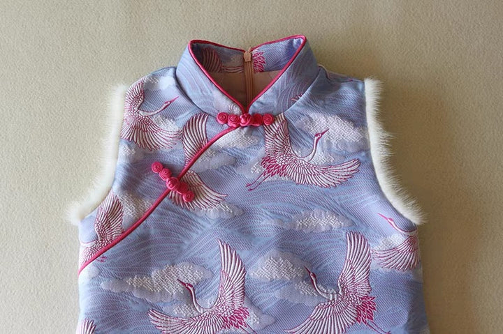 PADDED CHEONGSAM TUNIC WITH FAUX FUR DETAILS
