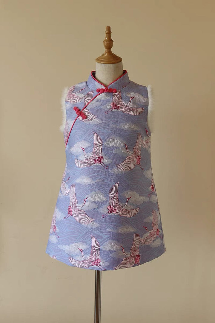 PADDED CHEONGSAM TUNIC WITH FAUX FUR DETAILS