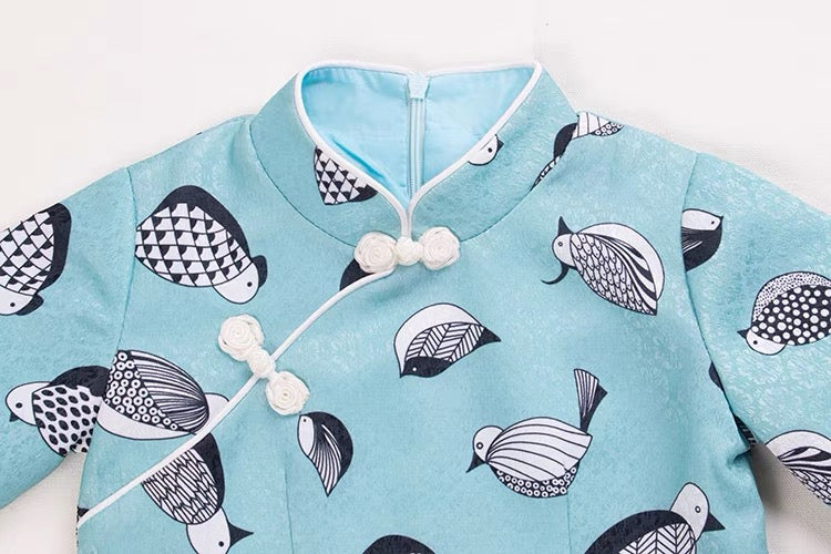 SHORT SLEEVE A LINE CHEONGSAM DRESS WITH BIRD PRINT