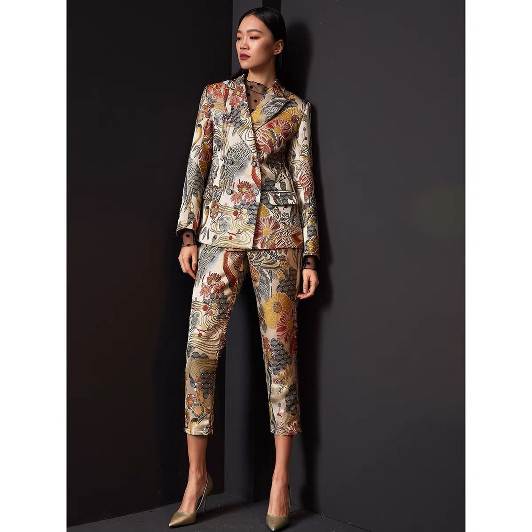 JACQUARD CRANE PRINT CROP PANT