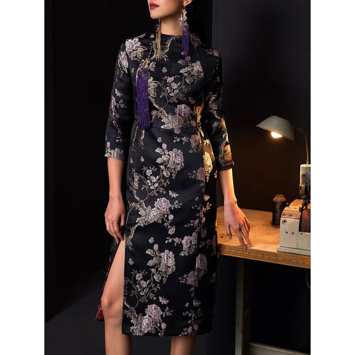 JACQUARD CONTEMPORARY CROP SLEEVE FITTED CHEONGSAM DRESS
