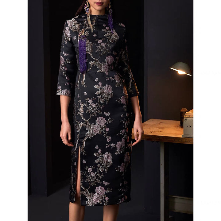 JACQUARD CONTEMPORARY CROP SLEEVE FITTED CHEONGSAM DRESS