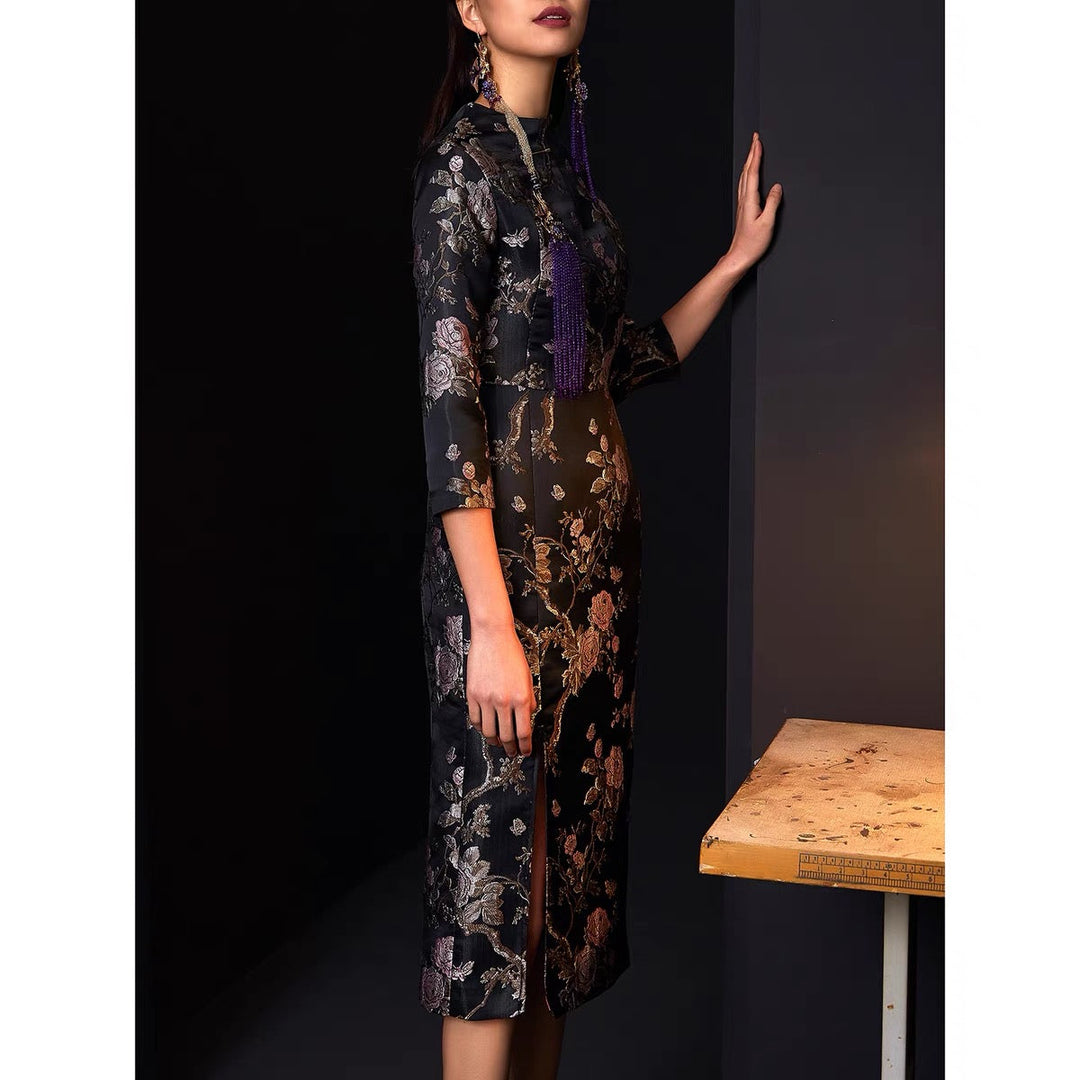 JACQUARD CONTEMPORARY CROP SLEEVE FITTED CHEONGSAM DRESS