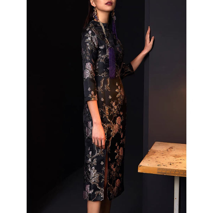 JACQUARD CONTEMPORARY CROP SLEEVE FITTED CHEONGSAM DRESS