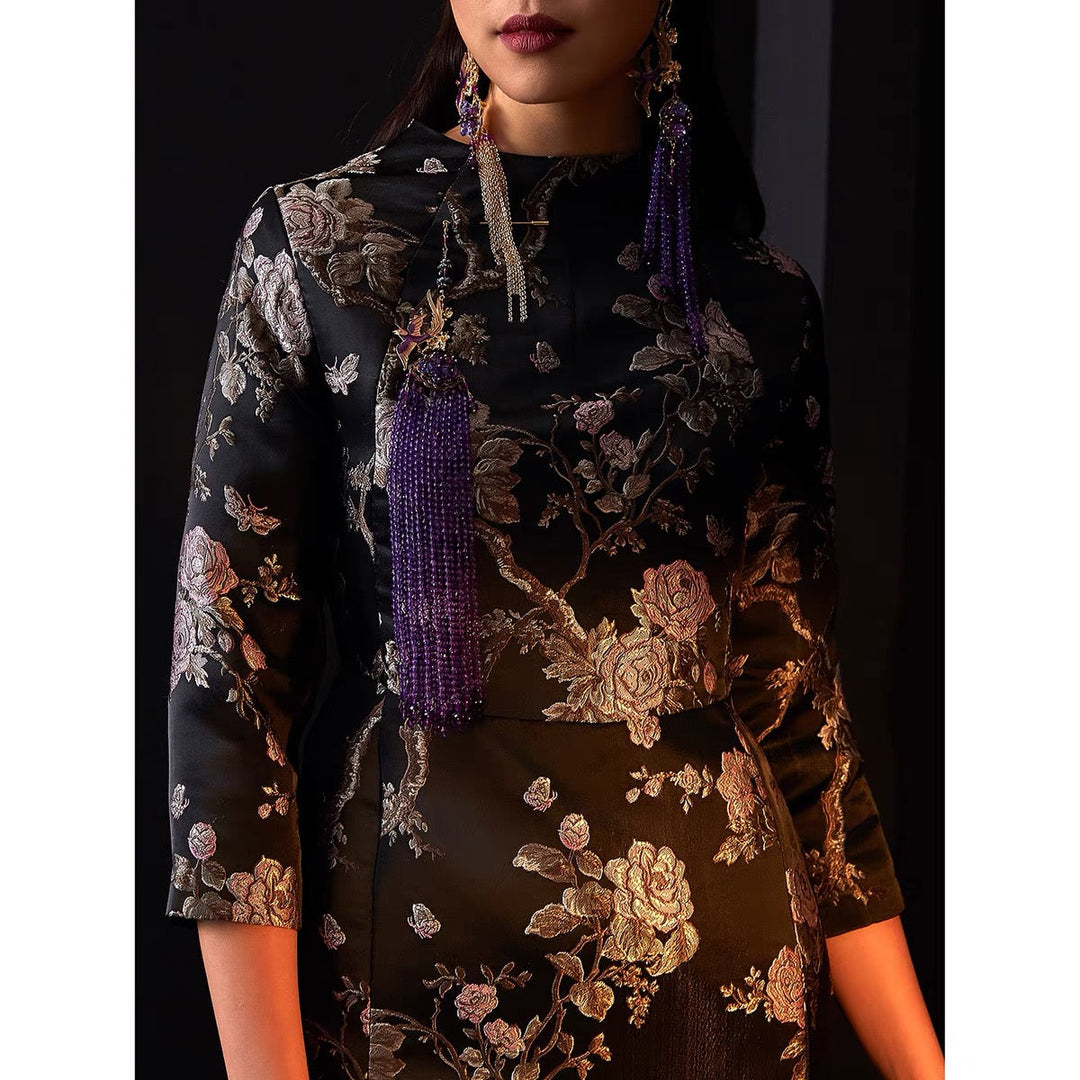 JACQUARD CONTEMPORARY CROP SLEEVE FITTED CHEONGSAM DRESS
