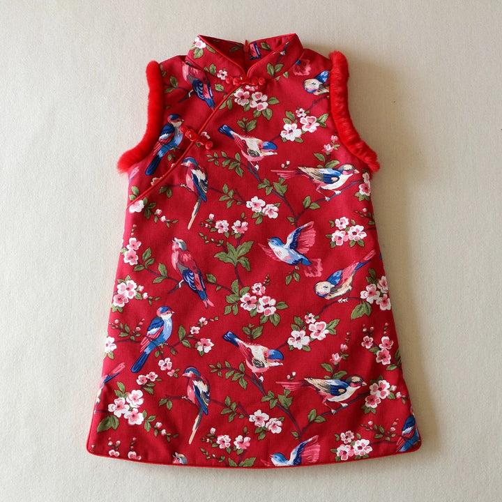PADDED SLEEVELESS CHEONGSAM DRESS WITH MAGPIE PRINT