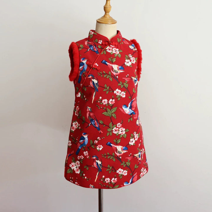PADDED SLEEVELESS CHEONGSAM DRESS WITH MAGPIE PRINT