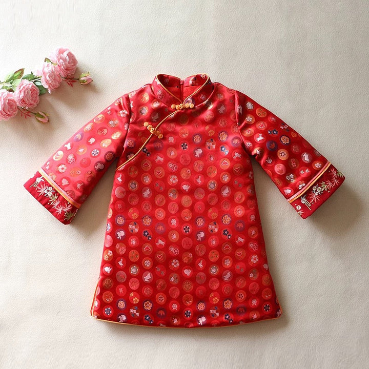 PADDED CHEONGSAM DRESS WITH RABBIT DETAILS